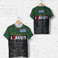 Green rugby T-shirt with black tribal print, Le Maiviti graphic, flags; front and back