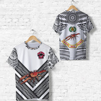 White rugby union T-shirt set: front logo and crab with black chevrons; back design