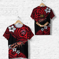 Rugby T-shirt set: black base with red tribal print, crew neck, short sleeves, front and back