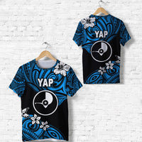 Blue and black YAP logo graphic T-shirt, front and back views