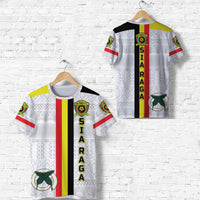 White football T-shirt with SIA RAGA crest, red-yellow-black vertical stripe and sleeve badges