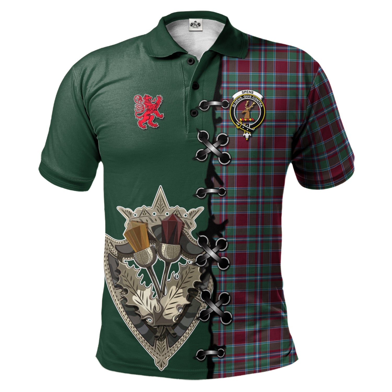 scottish-spens-spence-clan-crest-tartan-lion-rampant-and-celtic-thistle-polo-shirt