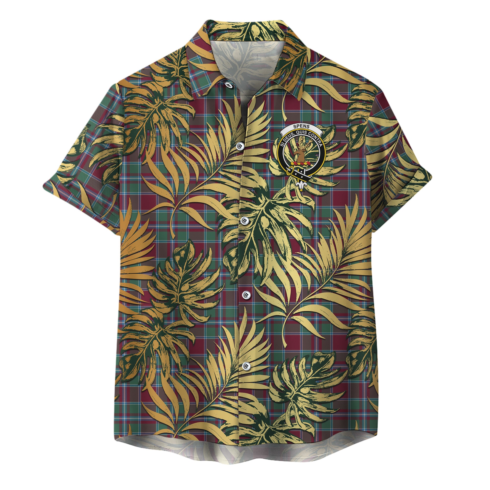 scottish-spens-spence-clan-crest-tartan-golden-tropical-palm-leaves-hawaiian-shirt