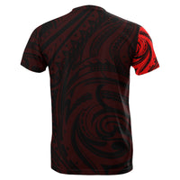 Red and black Polynesian T-shirt back with swirling tribal pattern