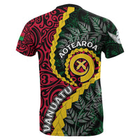 Red Vanuatu T-shirt back with Maori swirls, yellow braid, and OTEARO crest