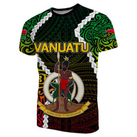 Dark green Vanuatu independence T-shirt with large VANUATU text and central figure graphic