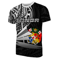 Black Tonga Polynesian graphic T-shirt with bold front emblem and logo