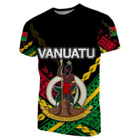 Vanuatu independence tee, black with front emblem graphic in red, green, yellow