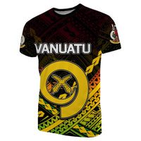 Vanuatu independence T-shirt, front graphic with VANUATU text and yellow emblem circle