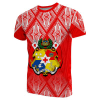 Red Tonga graphic T-shirt with white patterned yoke and multicolor crest emblem