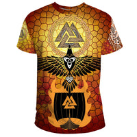 Viking T Shirt Raven Of Odin and Drakkar On Fire On Vignette Gold Valknut RLT12 - Wonder Print Shop