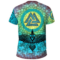 Viking T Shirt Raven Of Odin and Drakkar On Fire On Vignette Cyan Valknut RLT12 - Wonder Print Shop