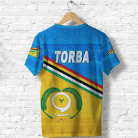 Blue Torba T-shirt back view with TORBA text, colorful stripes, and circular emblem