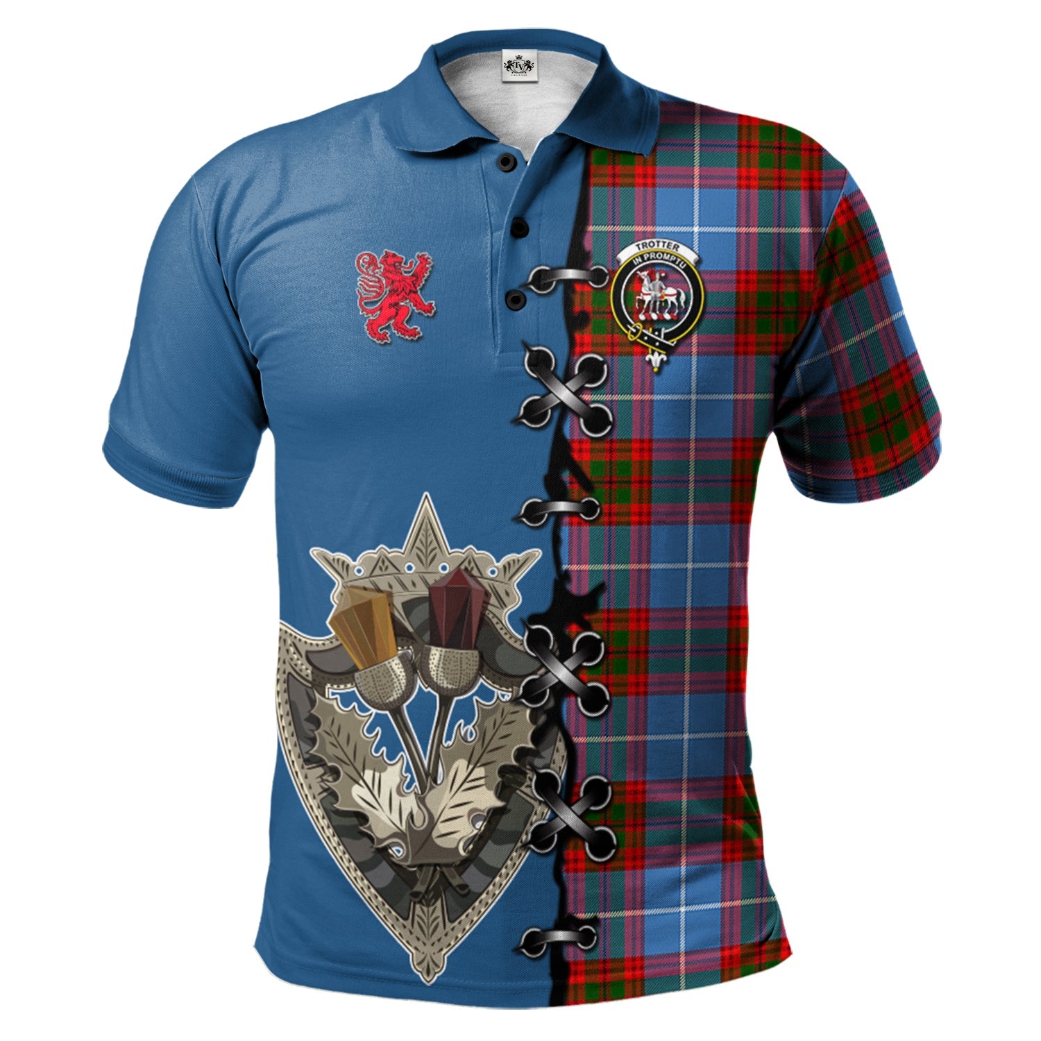 scottish-trotter-clan-crest-tartan-lion-rampant-and-celtic-thistle-polo-shirt
