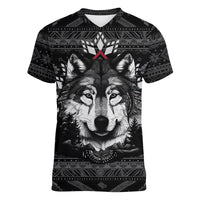 Native American Tribal Pattern With Wolf - Born Wild Women V Neck T Shirt TS07 - Wonder Print Shop