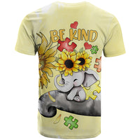 Yellow T-shirt back with BE KIND text, cartoon elephant, and sunflowers