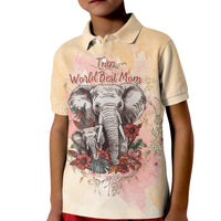 Kids beige polo shirt with elephant and floral print, "World Best Mom" graphic