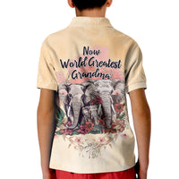 Kids beige polo shirt with elephant and floral print, "Now World Greatest Grandma" on back