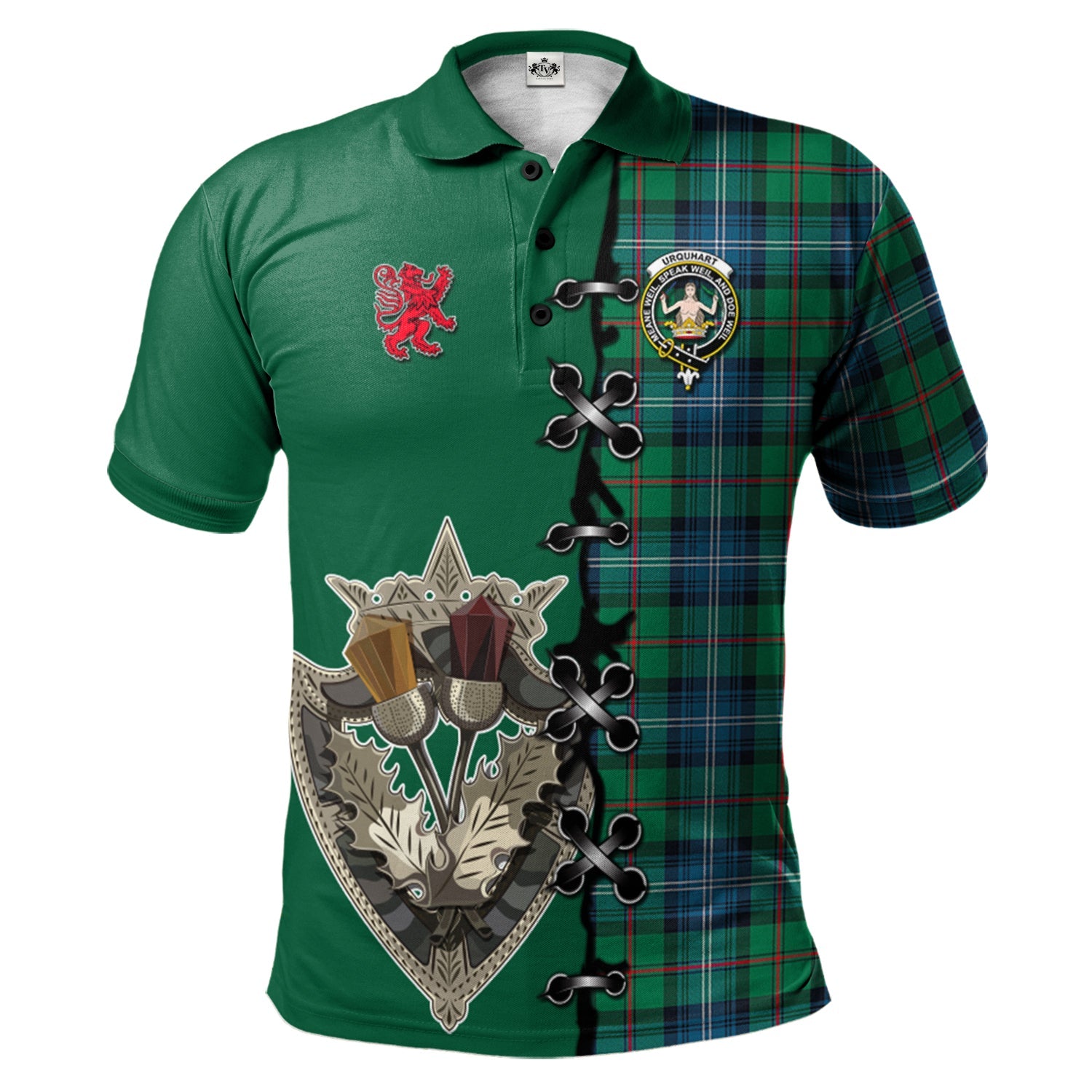 scottish-urquhart-ancient-clan-crest-tartan-lion-rampant-and-celtic-thistle-polo-shirt