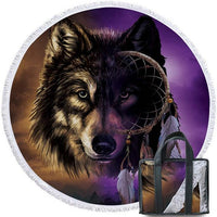Round beach towel with wolf face and dreamcatcher graphic, dark purple background, white fringe