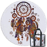 Round beach towel with brown dreamcatcher, stars and hanging beads; includes tote bag