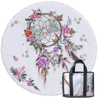 Round beach towel with pastel floral dreamcatcher and hanging feathers; tote bag