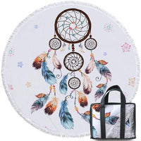 Round beach towel with blue and orange feather dreamcatcher web; tote bag