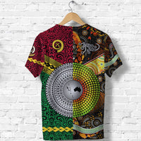Graphic t-shirt front with Australia and Vanuatu panels, globe emblem and tribal colors