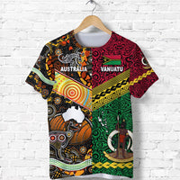 Graphic t-shirt front with Australia and Vanuatu text, multicolor tribal artwork