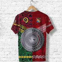 Red short-sleeve T-shirt back with large circular emblem and Polynesian crosshatch