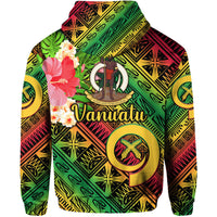 Green pullover hoodie, back print with large Vanuatu text and circular emblem, floral accents