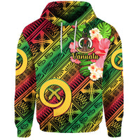 Green pullover hoodie with Vanuatu graphic, floral and tribal pattern, front view