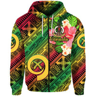 Green pullover hoodie with drawstring hood and Vanuatu lettering on tribal patterned front