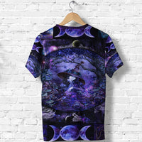 Purple short-sleeve witch T-shirt featuring tree of life over starry night