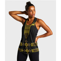 Black women’s racerback tank with yellow/gold Ethiopian-style lion graphic and pattern
