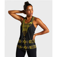 Black racerback tank with yellow-green tribal border print