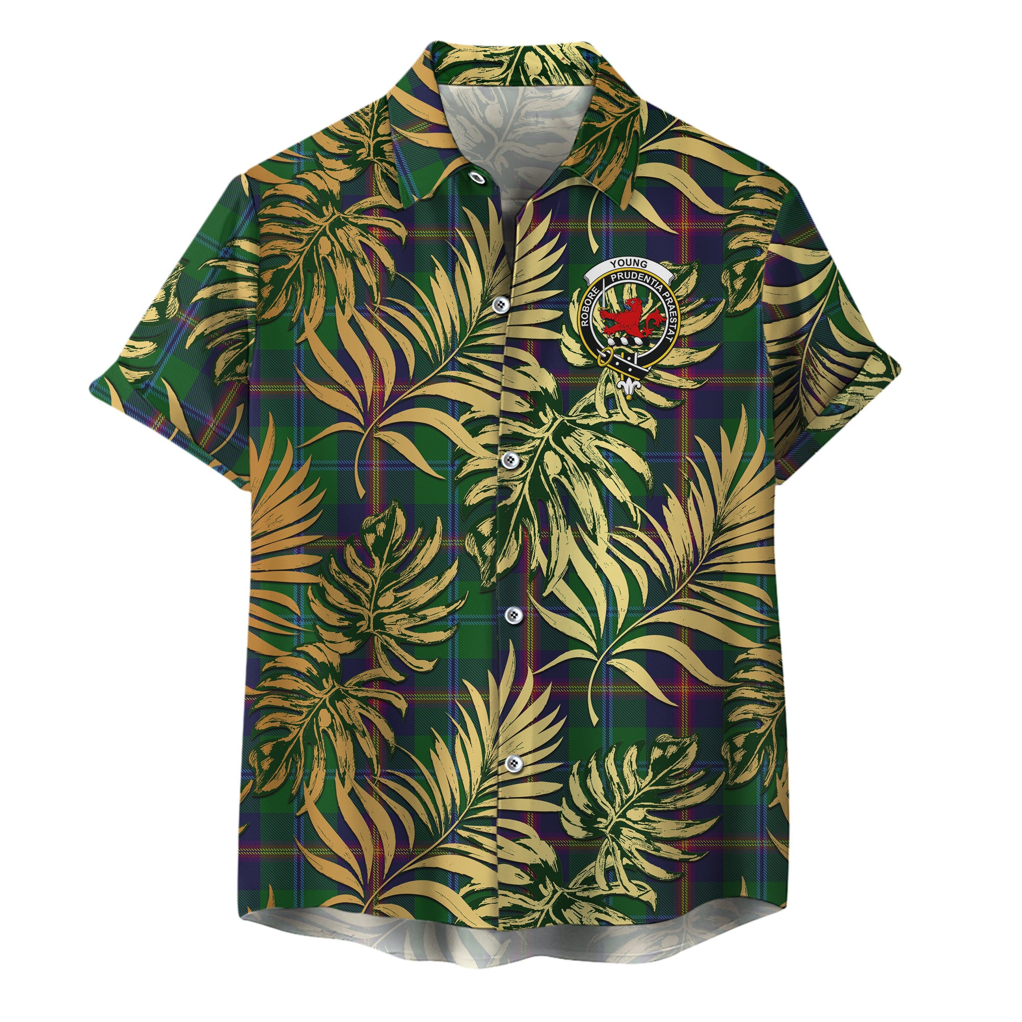scottish-young-clan-crest-tartan-golden-tropical-palm-leaves-hawaiian-shirt