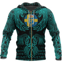 Viking Sweden Zip Hoodie Valknut of Odin Cyan RLT12 - Wonder Print Shop