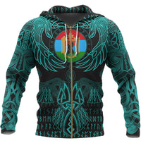 Viking Karelia Zip Hoodie Valknut of Odin Cyan RLT12 - Wonder Print Shop