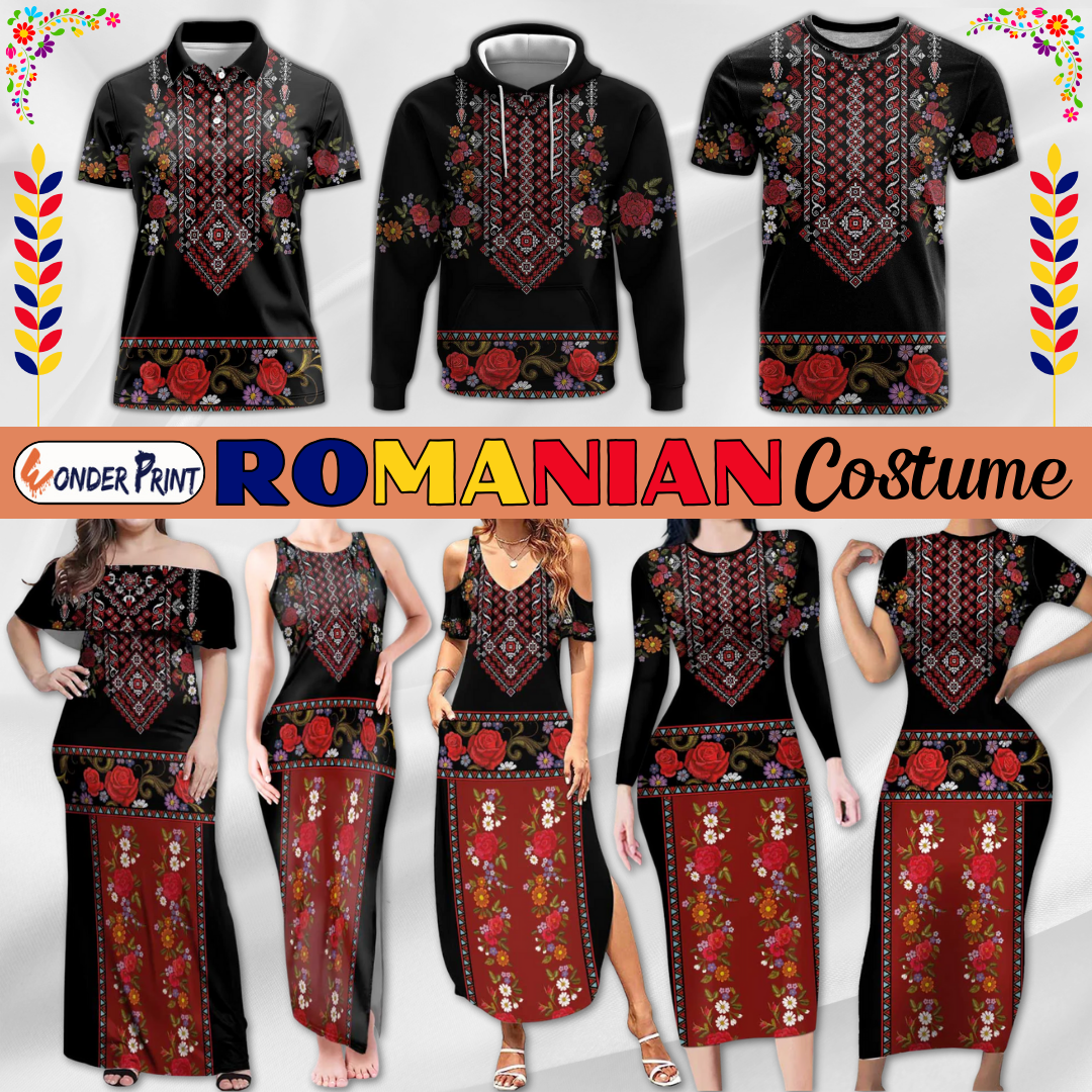 Costum Popular Traditional Romanian Motif and Folk Floral Embroidery Style