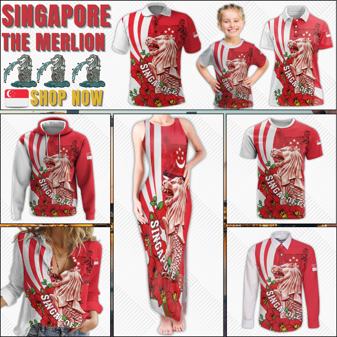 Singapore The Merlion With Red Orchid