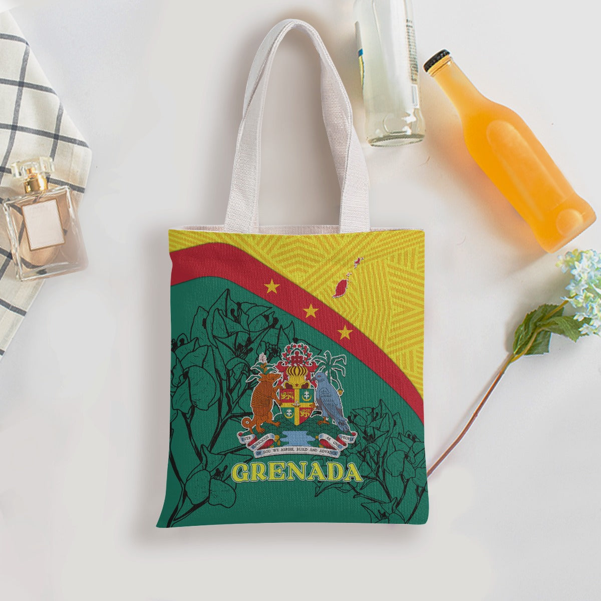 Grenada Pocket Canvas Bag Coat Of Arms With Bougainvillea Flowers LT7