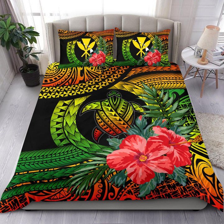 Kanaka Maoli (Hawaiian) Quilt Bed Set - Polynesian Turtle Hibiscus Reggae - Wonder Print Shop