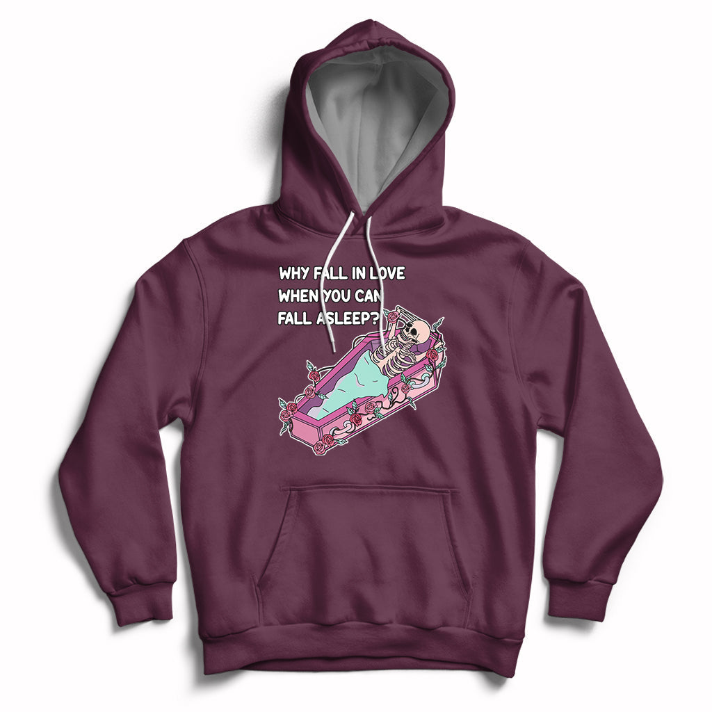 Maroon skeleton cartoon graphic hoodie with front pocket and pullover hood.