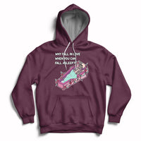 Maroon skeleton cartoon graphic hoodie with front pocket and pullover hood.