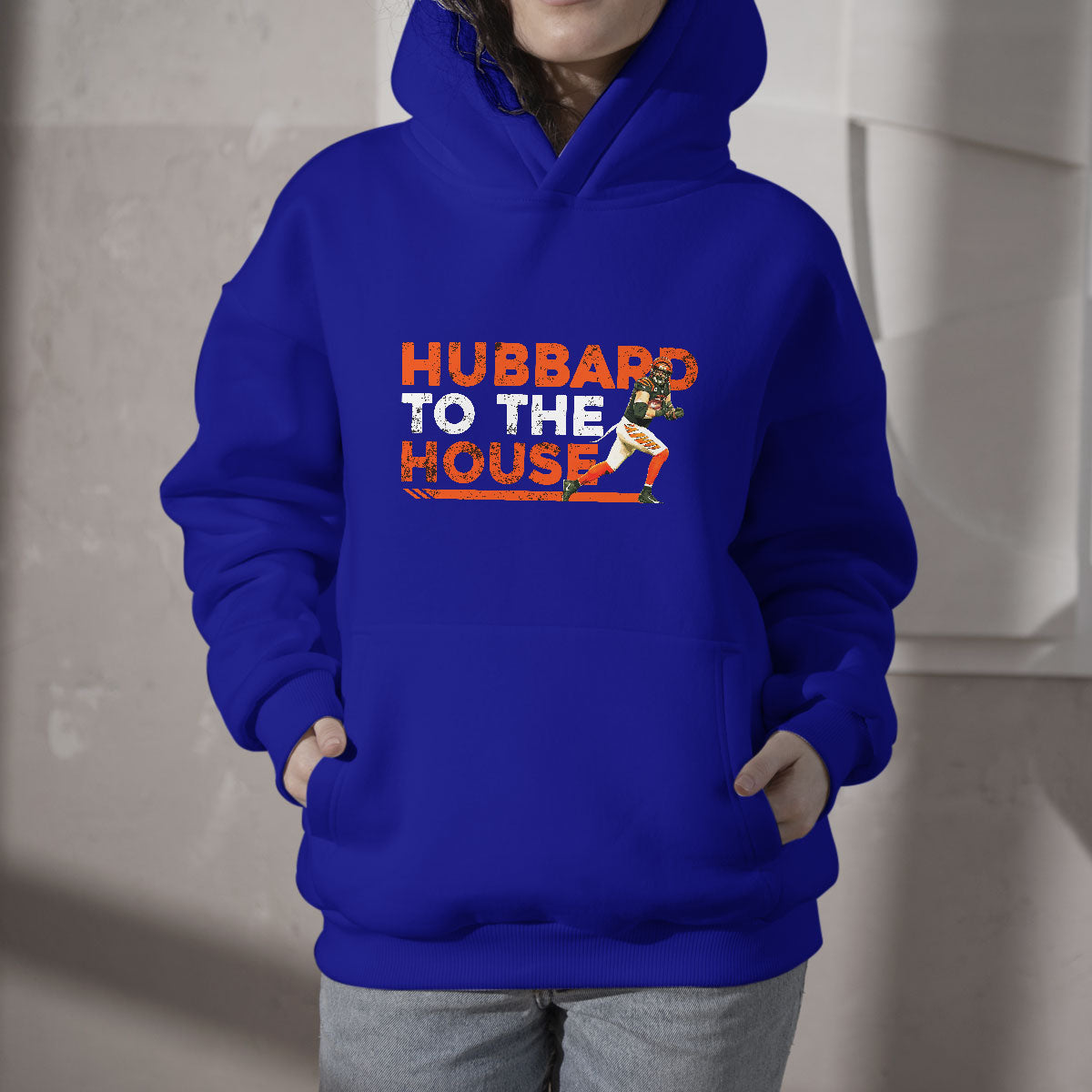 Royal blue fan hoodie with kangaroo pocket and 'HUBBARD TO THE HOUSE' front graphic