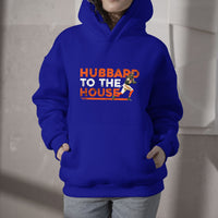 Royal blue fan hoodie with kangaroo pocket and 'HUBBARD TO THE HOUSE' front graphic