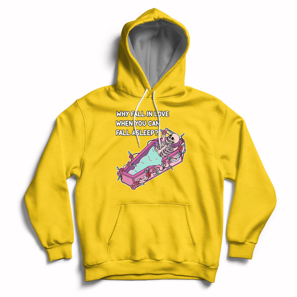 Yellow skeleton cartoon graphic hoodie with front pocket and pullover hood.