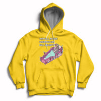 Yellow skeleton cartoon graphic hoodie with front pocket and pullover hood.