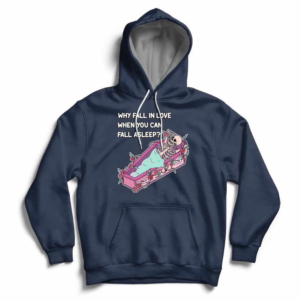 Navy skeleton cartoon graphic hoodie with front pocket and pullover hood.